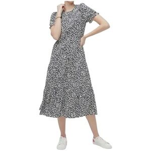 J Crew Factory Cotton Navy White Print Tiered Puff Sleeve Pocket MIDI Dress